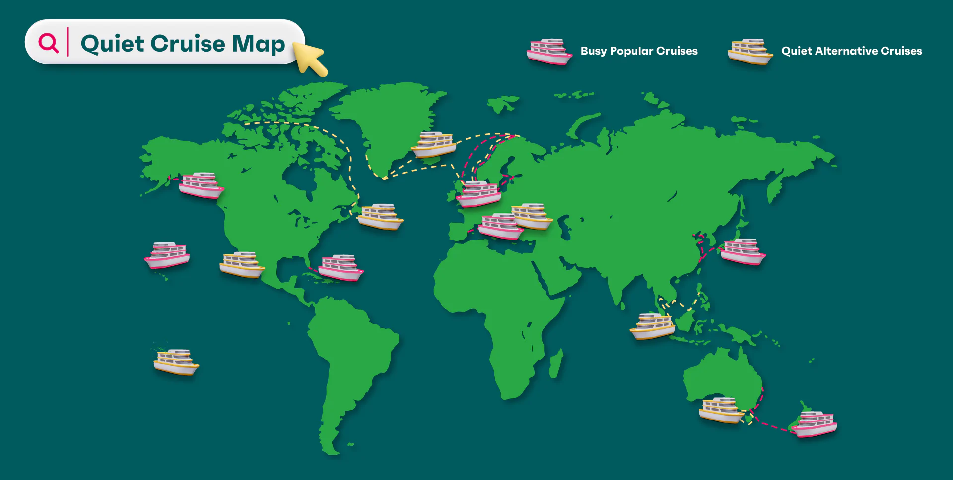 The quiet cruise guide: World map depicting busiest cruise destinations and quieter alternatives 